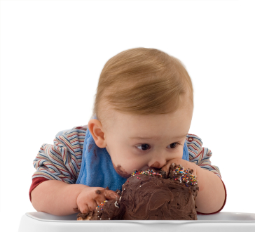 picture of fat kid eating cake. Start time is 9am.